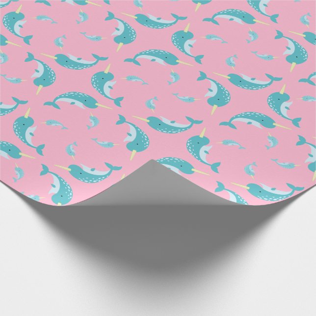 Narwhal Baby Shower Pink Girl Whale Wrapping Paper (Corner)