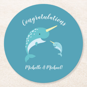 Narwhal Baby Shower Yellow Gender Neutral Whale Round Paper Coaster