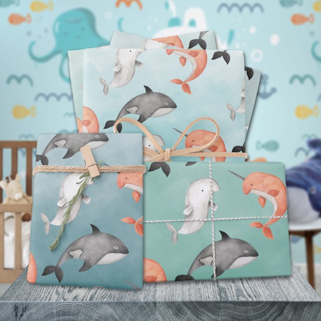 Narwhal Beluga Whales Under The Deep Blue Sea Wrapping Paper Sheet (Narwhal Beluga Killer Whales Under The Deep Blue Sea Kids Gift Wrapping Paper Sheets Trio)