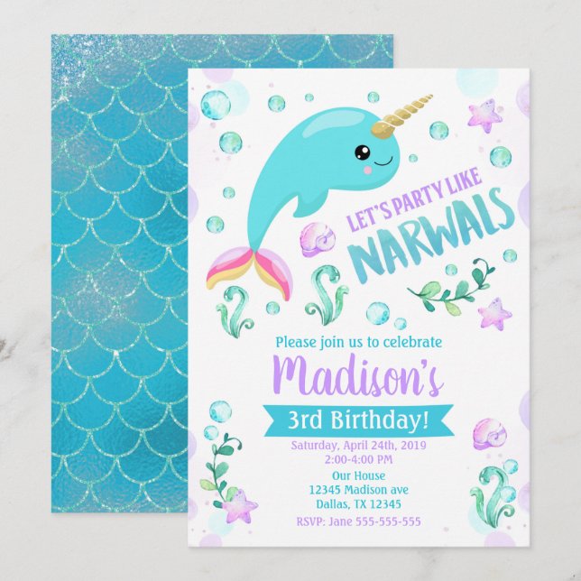 Narwhal Birthday Invitation Fête Magique (Devant / Derrière)