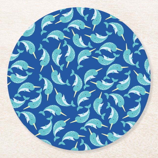 Narwhal Birthday Party Round Paper Coaster (Front)