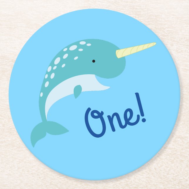 Narwhal Birthday Party Round Paper Coaster (Front)
