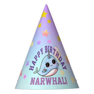 Narwhal Birthday Personalized Purple Blue, Stars Party Hat