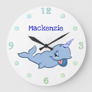 Narwhal Blue Adorable Baby Kawaii Custom Ocean Large Clock