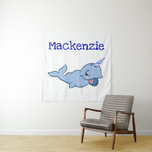 Narwhal Blue Adorable Baby Kawaii Custom Ocean Tapestry