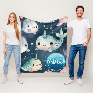 Narwhal Blue Stars Print  Fleece Blanket