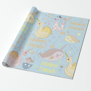 Narwhal, Dragon Pastel Baby Blue Personalized Wrapping Paper
