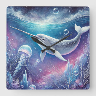 Narwhal Fantasy Square Wall Clock