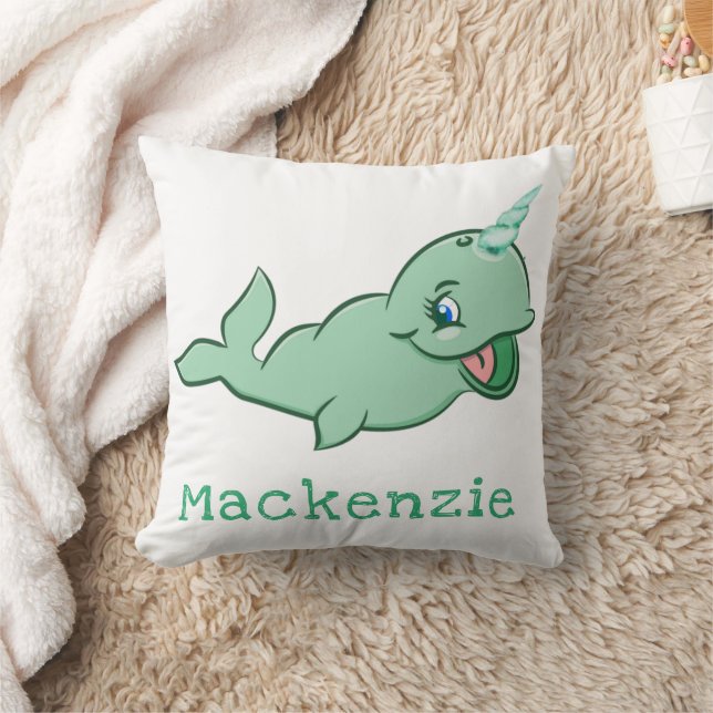 Narwhal Green | Cute Mint Chibi Cartoon Customized Throw Pillow (Blanket)