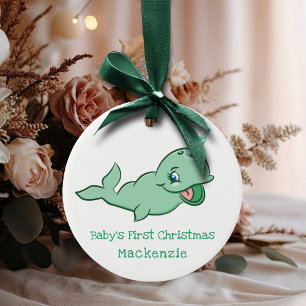 Narwhal Green Cute Mint Chibi Cartoon Keepsake Ceramic Ornament
