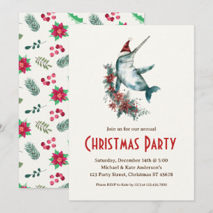 Narwhal in a Santa Hat Poinsettias Christmas Party Invitation