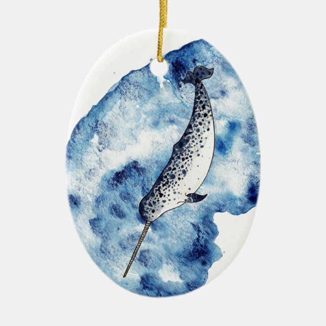 Narwhal in  a splash of watercolour ceramic ornament (Front)