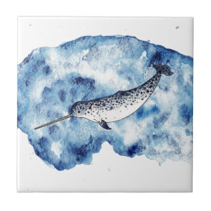 Narwhal in  a splash of watercolour tile