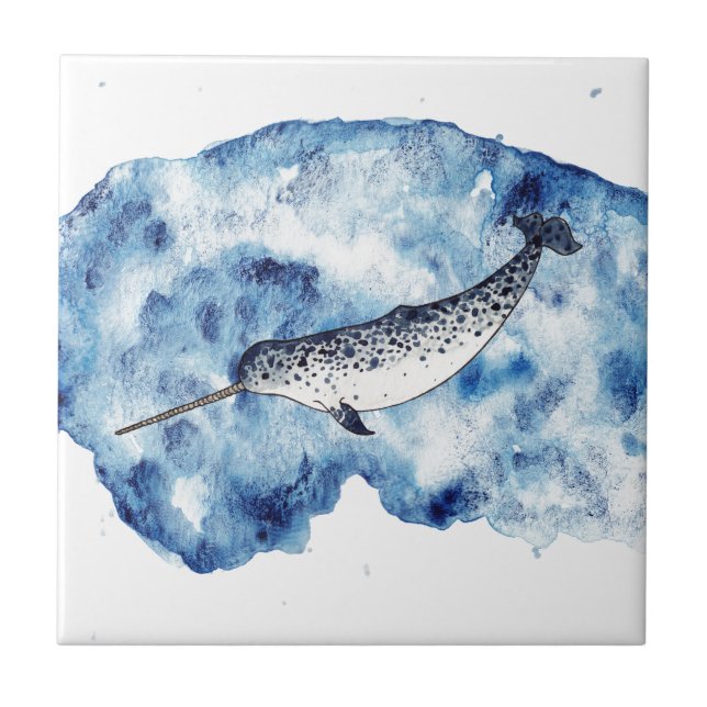 Narwhal in  a splash of watercolour tile (Front)