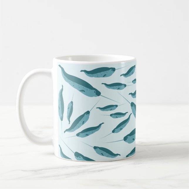 Narwhal in Blue Ocean Pattern Coffee Mug (Left)