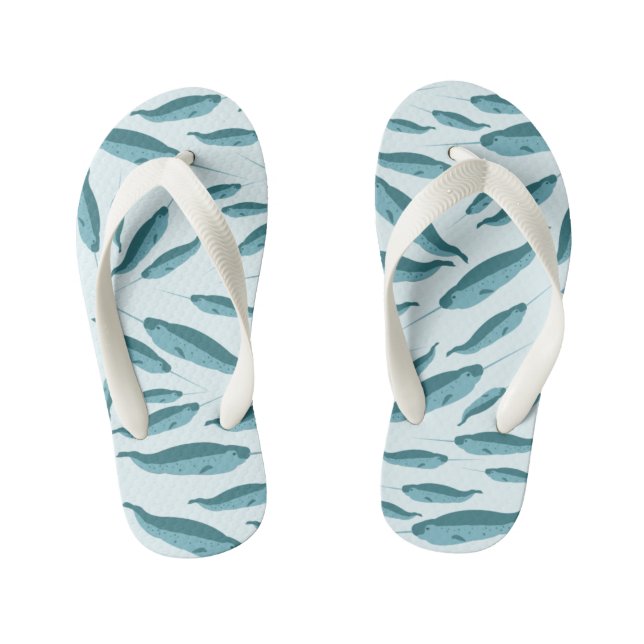 Narwhal in Blue Ocean Pattern Kid's Flip Flops (Footbed)