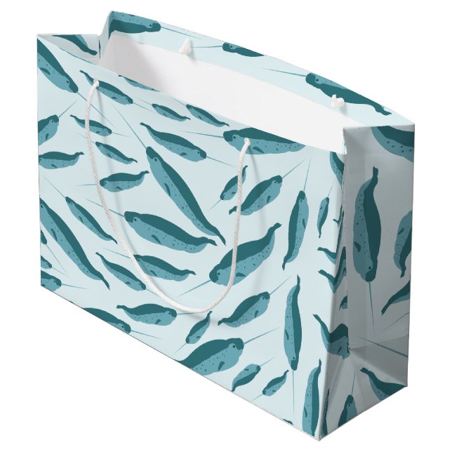 Narwhal in Blue Ocean Pattern Large Gift Bag (Back Angled)