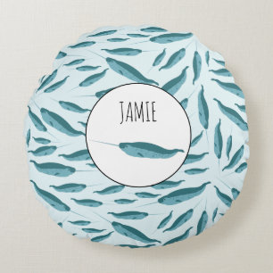 Narwhal in Blue Ocean Pattern Round Pillow