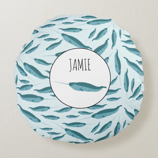 Narwhal in Blue Ocean Pattern Round Pillow (Front)