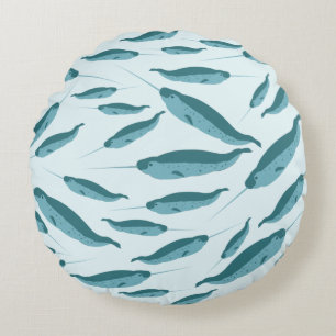 Narwhal in Blue Ocean Pattern Round Pillow