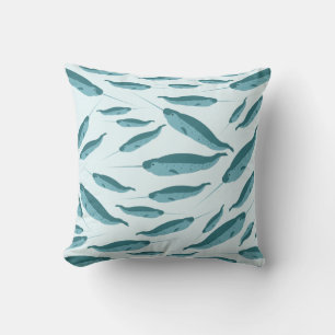 Narwhal in Blue Ocean Pattern Throw Pillow