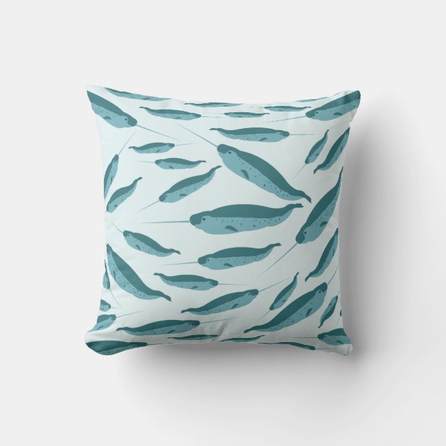 Narwhal in Blue Ocean Pattern Throw Pillow (Front)