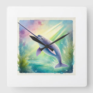Narwhal in the Deep 110924AREF142 - Watercolor Square Wall Clock