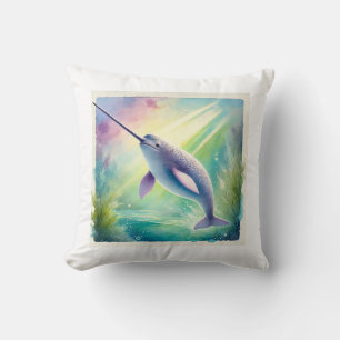Narwhal in the Deep 110924AREF142 - Watercolor Throw Pillow
