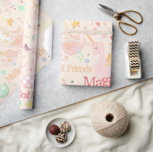Narwhal Mermaid Unicorn Dragon Pastel Personalized Wrapping Paper