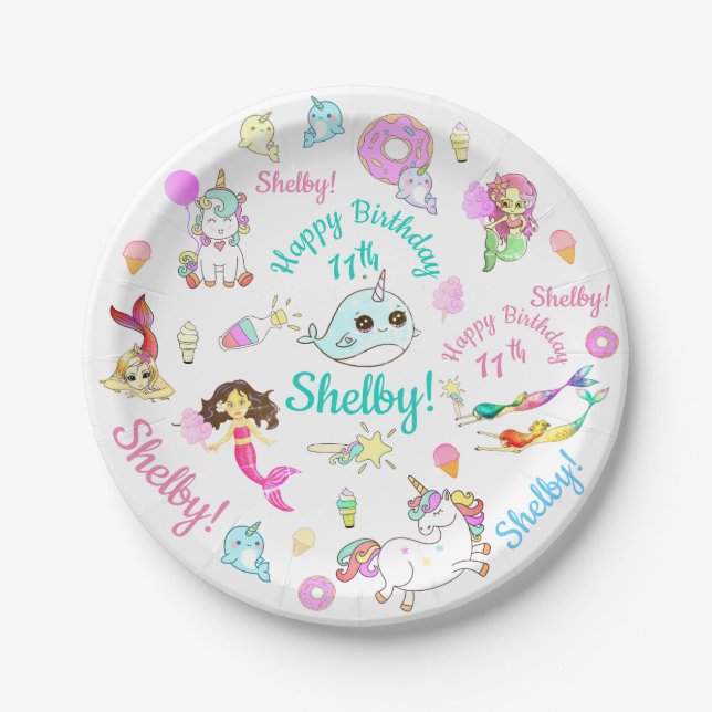 Narwhal, Mermaid, Unicorn Personalized Name, Age Paper Plate (Front)