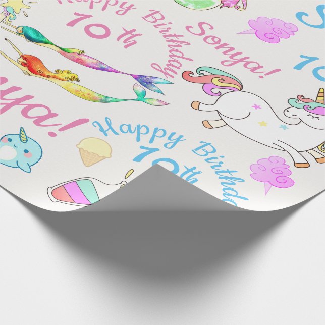Narwhal, Mermaid, Unicorn Personalized Name, Age Wrapping Paper (Corner)