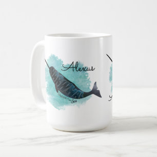 Narwhal on Watercolor Heart, Personalized Coffee Mug