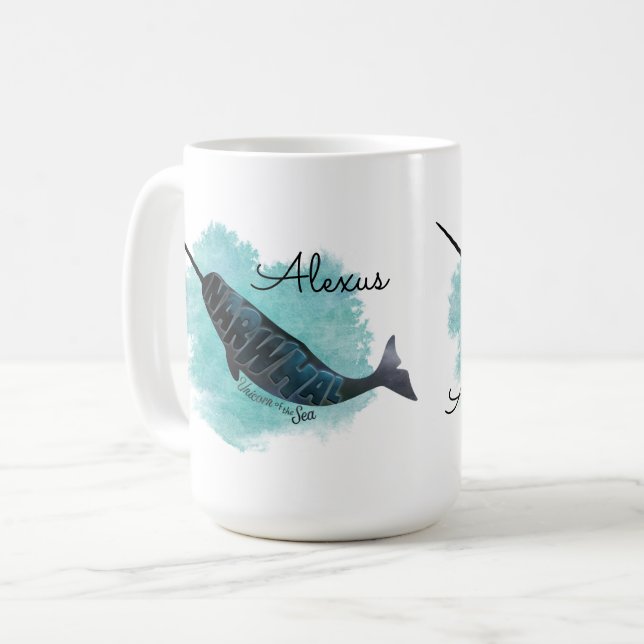 Narwhal on Watercolor Heart, Personalized Coffee Mug (Front Left)