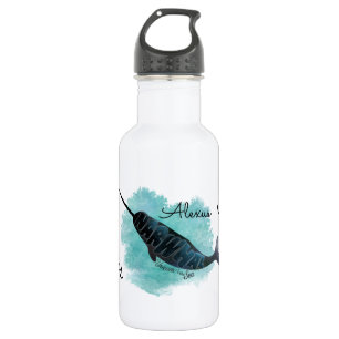 Narwhal on Watercolor Ocean Heart, Personalized 532 Ml Water Bottle