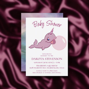 Narwhal Pink   Girly Kawaii Chibi Bubblegum Shower Invitation
