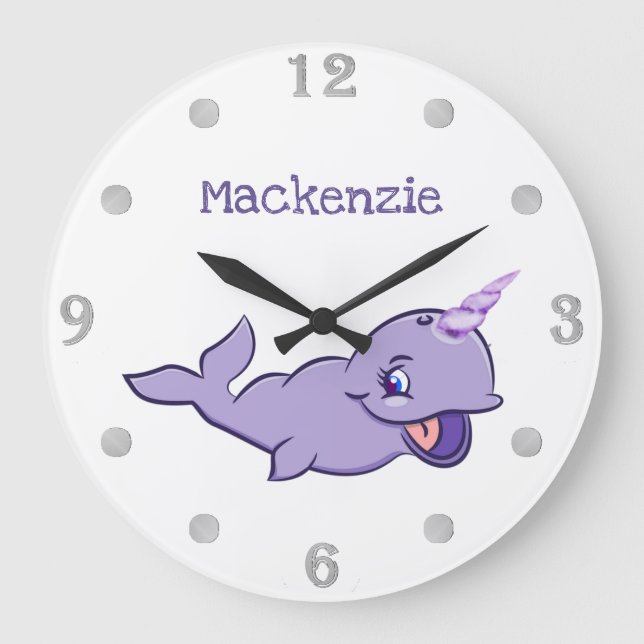 Narwhal Purple | Lilac Magical Sea Unicorn Custom Large Clock (Front)