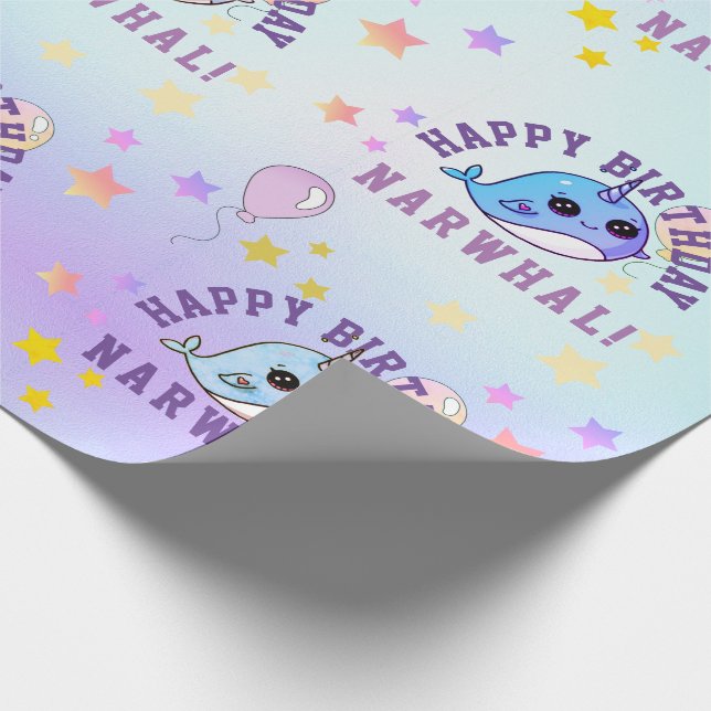 Narwhal Star Party Purple Blue Ombre Personalized Wrapping Paper (Corner)