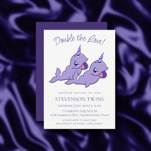 Narwhal Twins   Purple Cute Chibi Cartoon Shower Invitation