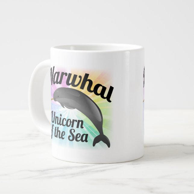Narwhal Unicorn of the Sea, Cute Rainbow Large Coffee Mug (Front Left)