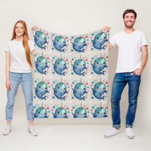 Narwhal Watercolor Heart Floral Print Fleece Blanket