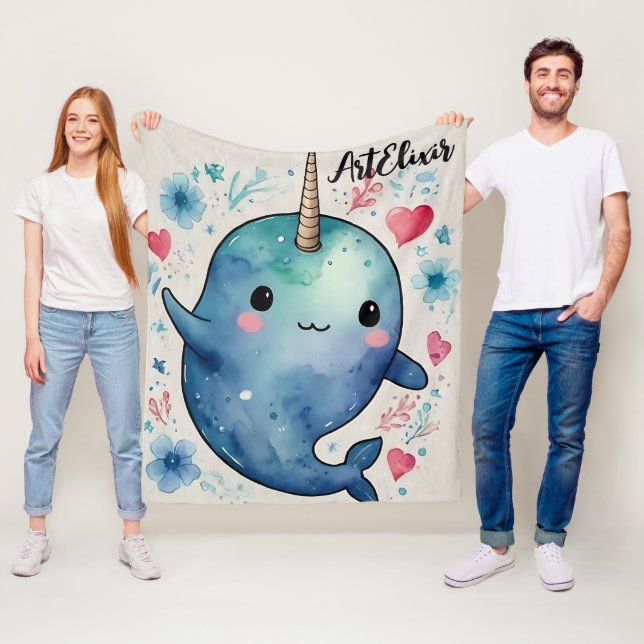 Narwhal Watercolor Heart Floral Print Fleece Blanket (In Situ)