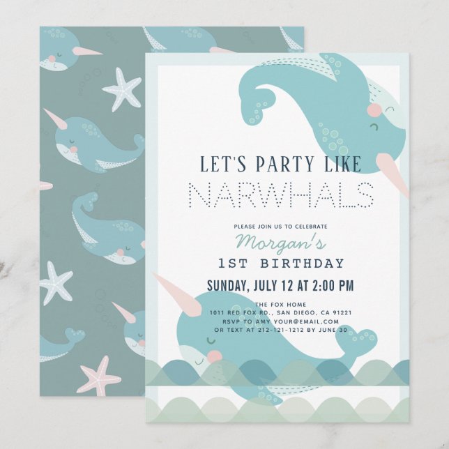 Narwhal Waves Sea Blue Boy 1st Birthday Invitation (Front/Back)