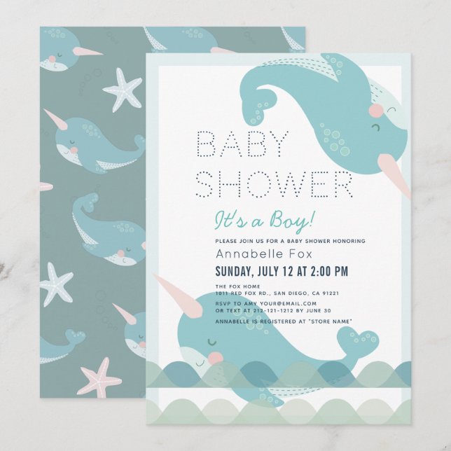 Narwhal Waves Sea Blue Boy Baby Shower Invitation (Front/Back)