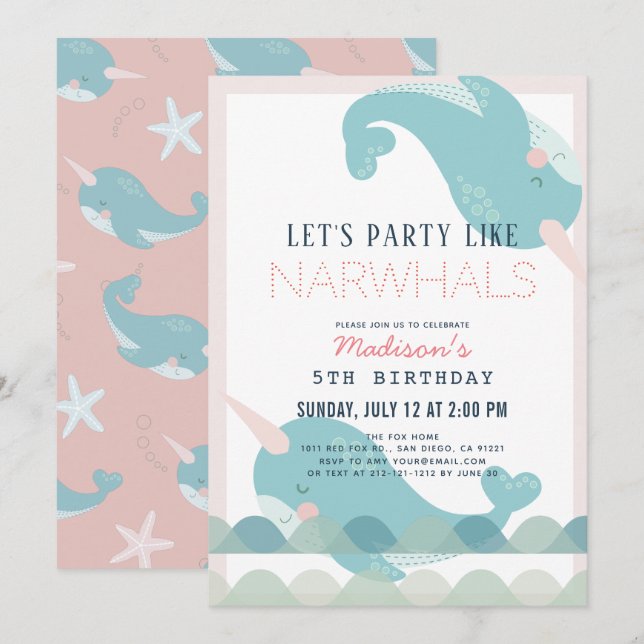 Narwhal Waves Sea Pink Girl Birthday Invitation (Front/Back)