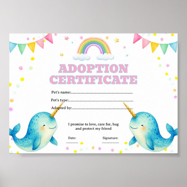 Narwhale adopt a pet certificate editable poster (Front)
