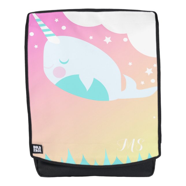 Narwhale Ocean Whale and Clouds Ombre Initial Name Backpack (Front)