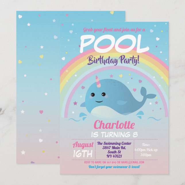 Narwhale Pool Party Birthday Beach Float Narwhal Invitation (Front/Back)