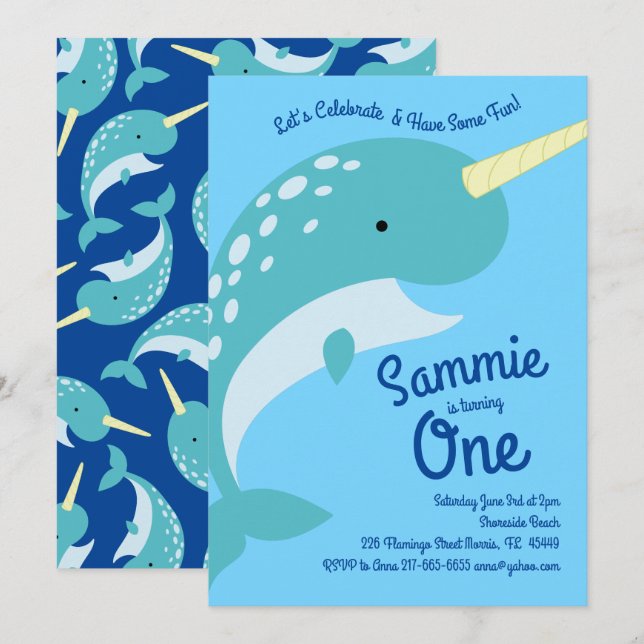 Narwhals Océan 1er anniversaire Invitations (Devant / Derrière)
