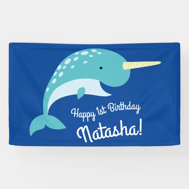 Narwhals Ocean Cute 1st Birthday Party Theme Banner (Horizontal)