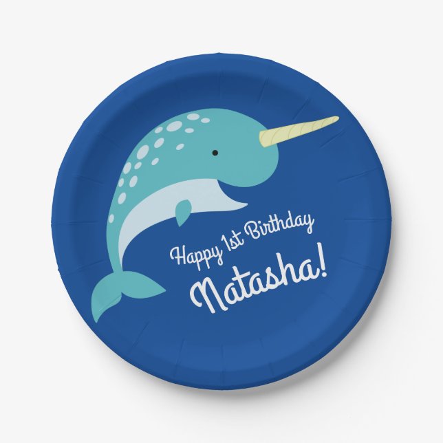 Narwhals Ocean Cute 1st Birthday Party Theme Paper Plate (Front)